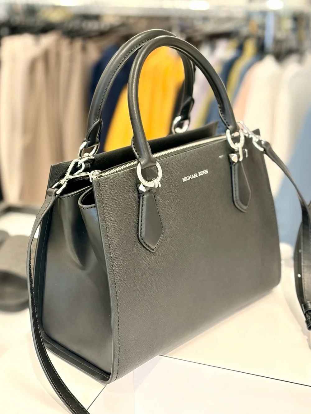 Michael Kors Marilyn Medium Saffiano Leather Satchel Crossbody Bag Black
